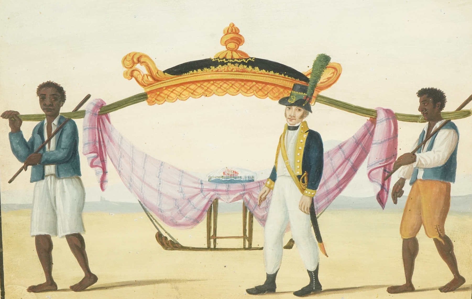 19th century Portuguese School , European officer and two bearers with a palanquin holding a dessert, gouache, 16.5 x 24.5cm